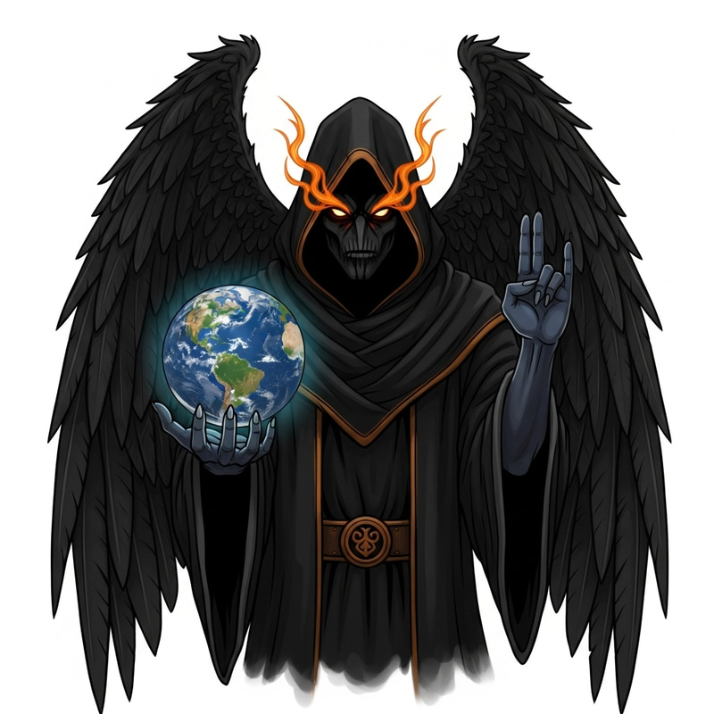 Enigmatic Baphomet: Cloaked in Black, Wings, Orange Eyes Enigmatic Baphomet: Cloaked in Black, Wings, Orange Eyes