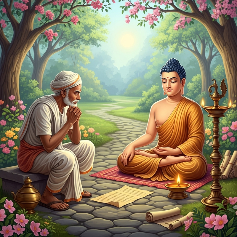 Indian Merchant Conversing with Buddha Statue Indian Merchant Conversing with Buddha Statue