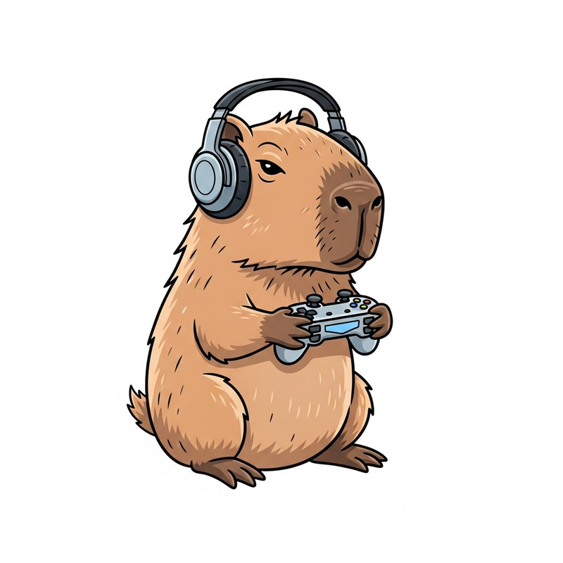 Whimsical Capybara Illustration with Game Controller & Headphones Whimsical Capybara Illustration with Game Controller & Headphones
