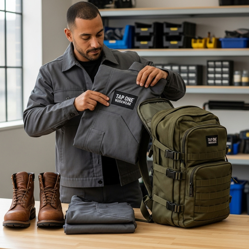 Man Packing Modern Workwear: Tap One Workwear | Brand Name