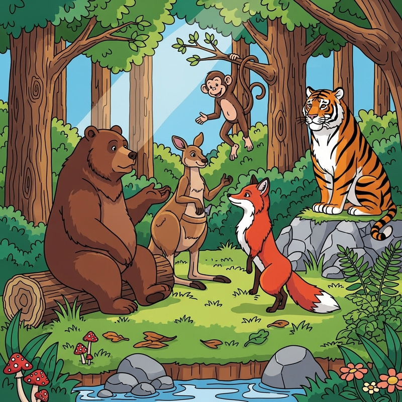 Wild Animals Conversing in Forest Scene Wild Animals Conversing in Forest Scene