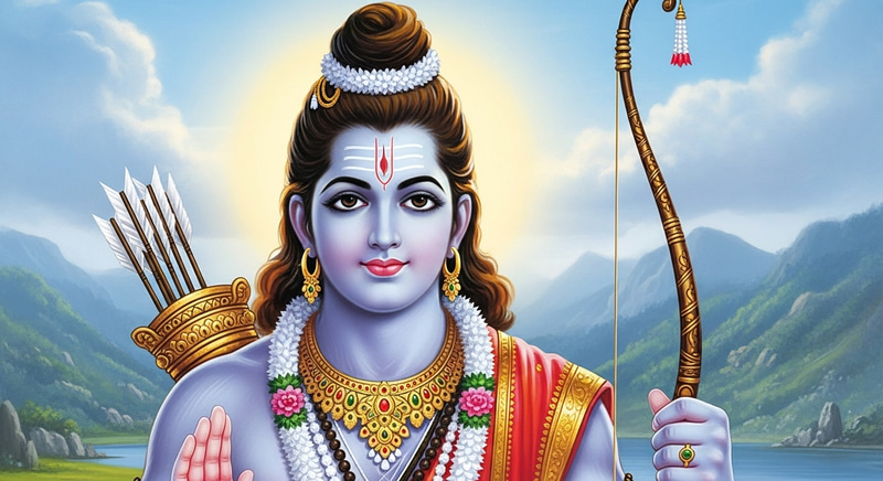 Traditional Hindu Deity Sri Rama: Divine Man with Blue Skin & Bow Traditional Hindu Deity Sri Rama: Divine Man with Blue Skin & Bow