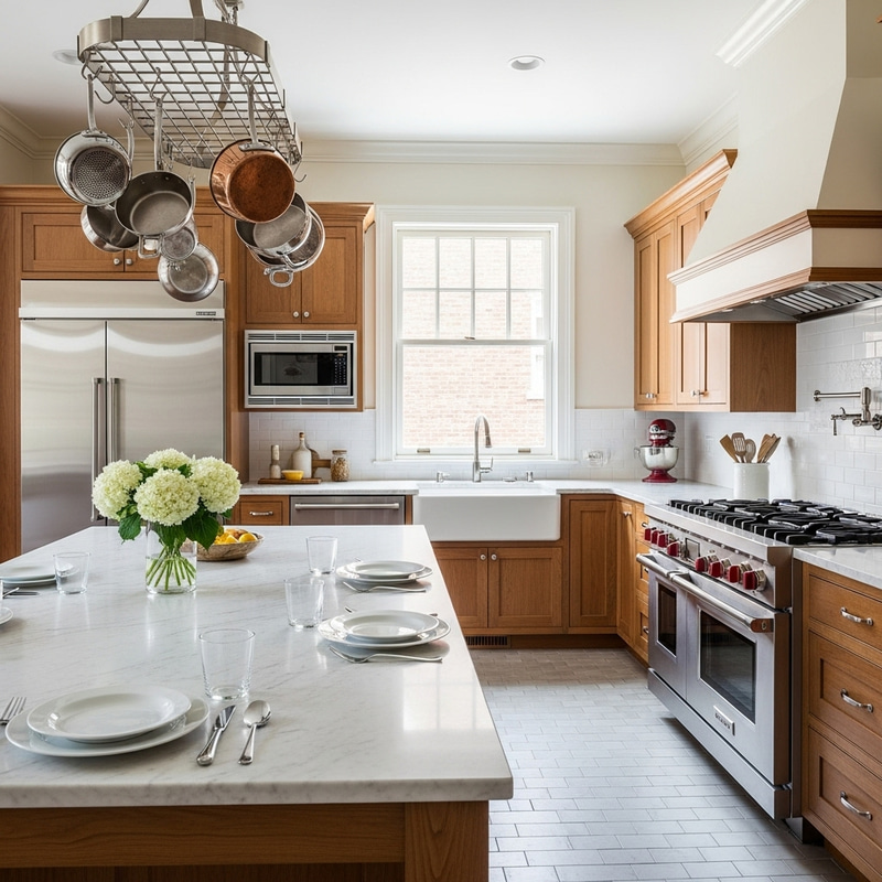 Bright Modern Kitchen with Wooden Cabinets and Marble Countertop Bright Modern Kitchen with Wooden Cabinets and Marble Countertop