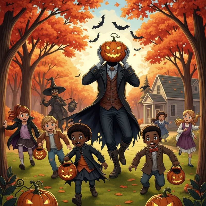 Spooky Headless Horseman Chases Children on Halloween