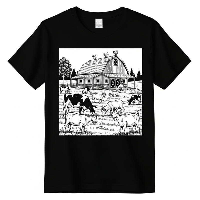 Peaceful Farm Landscape Black & White T-Shirt Design Peaceful Farm Landscape Black & White T-Shirt Design