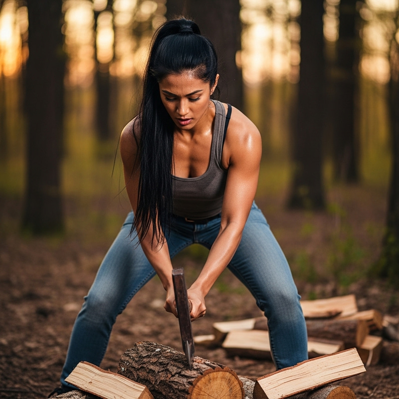 Strength in Action: South-Asian Woman Chopping Wood Strength in Action: South-Asian Woman Chopping Wood