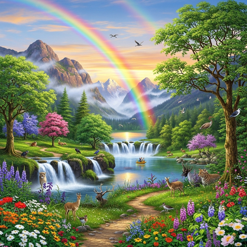 Nature's Beauty: Magnificent Landscape with Waterfalls and Rainbow Nature's Beauty: Magnificent Landscape with Waterfalls and Rainbow