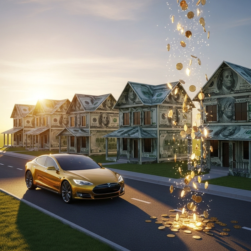 Suburban Street with Hundred-Dollar Bill Houses and Golden Tesla Car