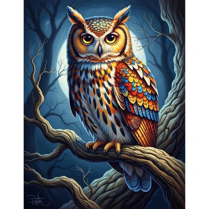 Cute and Colorful Owl Painting with Vibrant Feathers Cute and Colorful Owl Painting with Vibrant Feathers