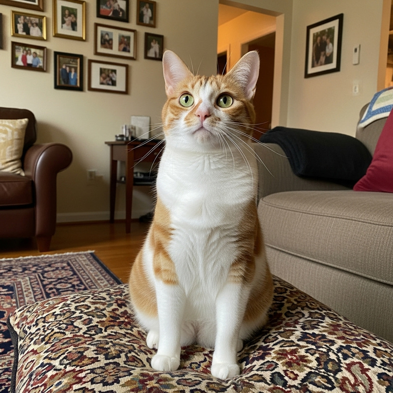 Calico Cat on Plush Pillow in Cozy Living Room