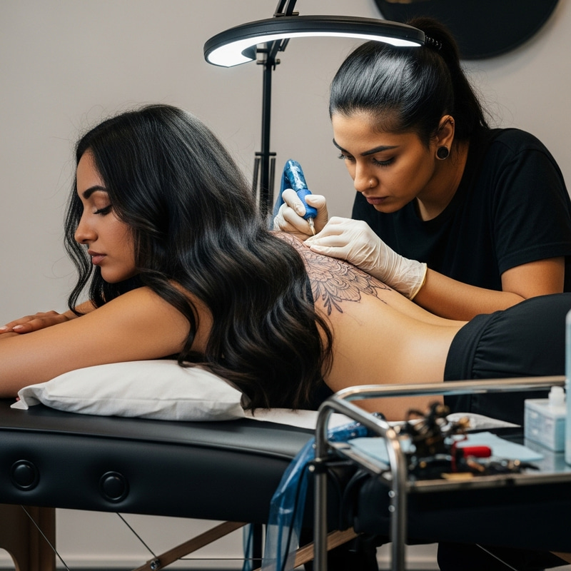 20-Year-Old Middle-Eastern Woman Getting South Asian Back Tattoo 20-Year-Old Middle-Eastern Woman Getting South Asian Back Tattoo