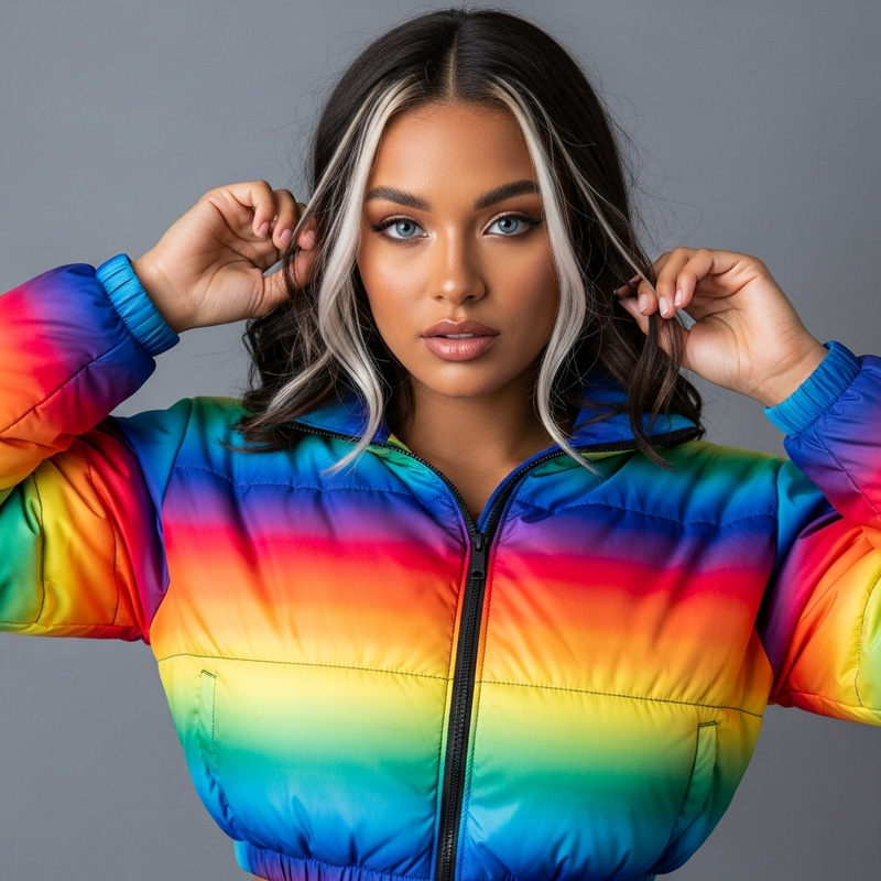 Stunning 21-Year-Old Woman in Rainbow Color Winter Jacket