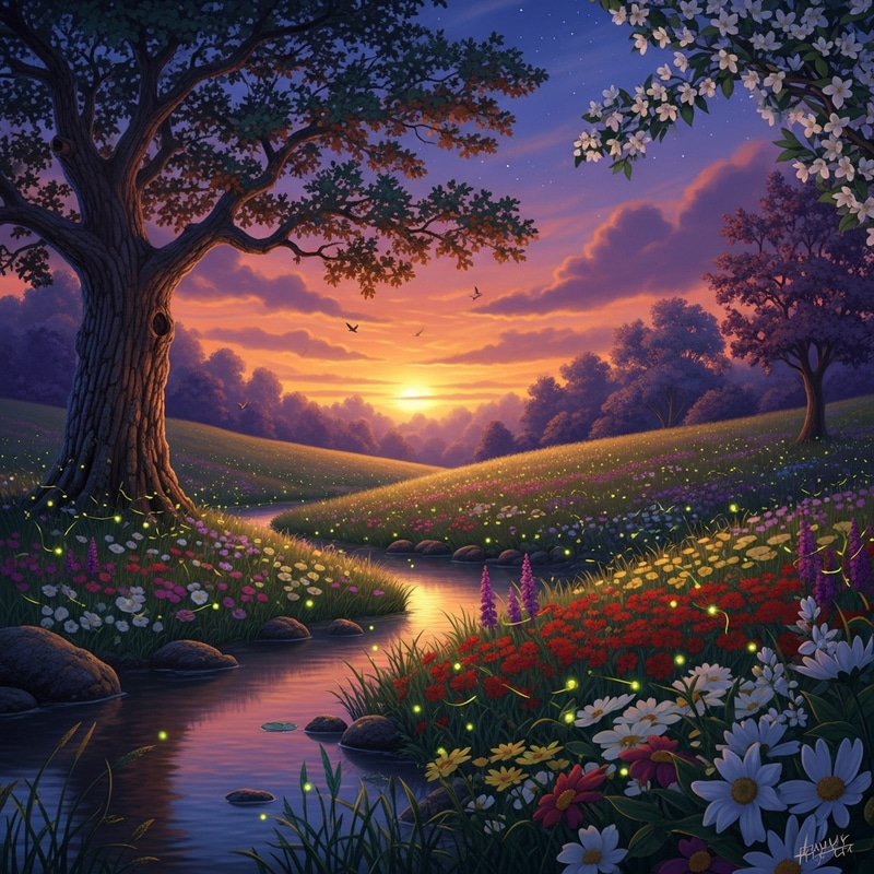 Enchanted Twilight Meadow with Fireflies & Nature's Beauty