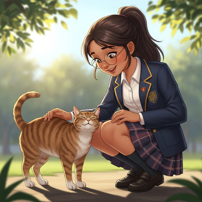 Cute Middle School Girl Caring for Cat with Love Cute Middle School Girl Caring for Cat with Love