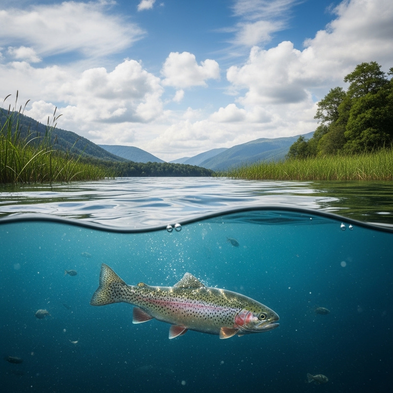 Trout Swimming in Serene Lake with Scenic Landscape View Trout Swimming in Serene Lake with Scenic Landscape View