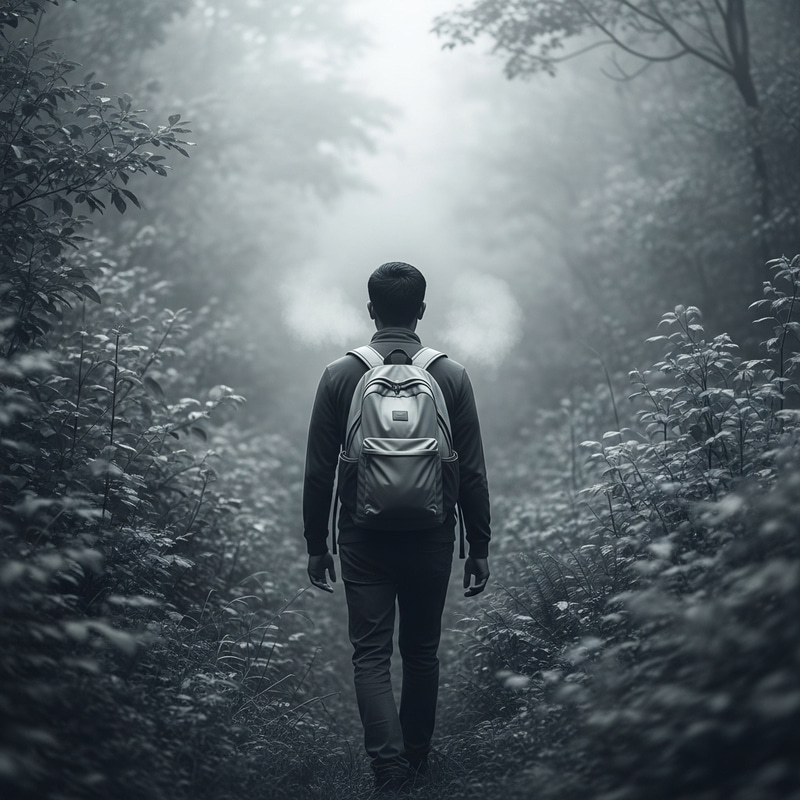 Tranquil Forest Journey: Enigmatic Back View in Monochrome Tranquil Forest Journey: Enigmatic Back View in Monochrome