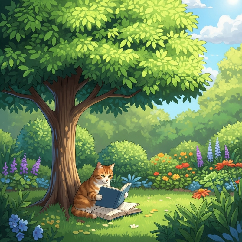 Cat Reading in Garden - A Relaxing Scene Cat Reading in Garden - A Relaxing Scene