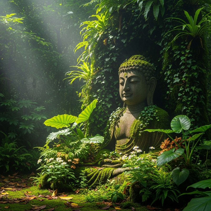 Buddha in Greenery - Peaceful Meditation in Lush Forest Buddha in Greenery - Peaceful Meditation in Lush Forest