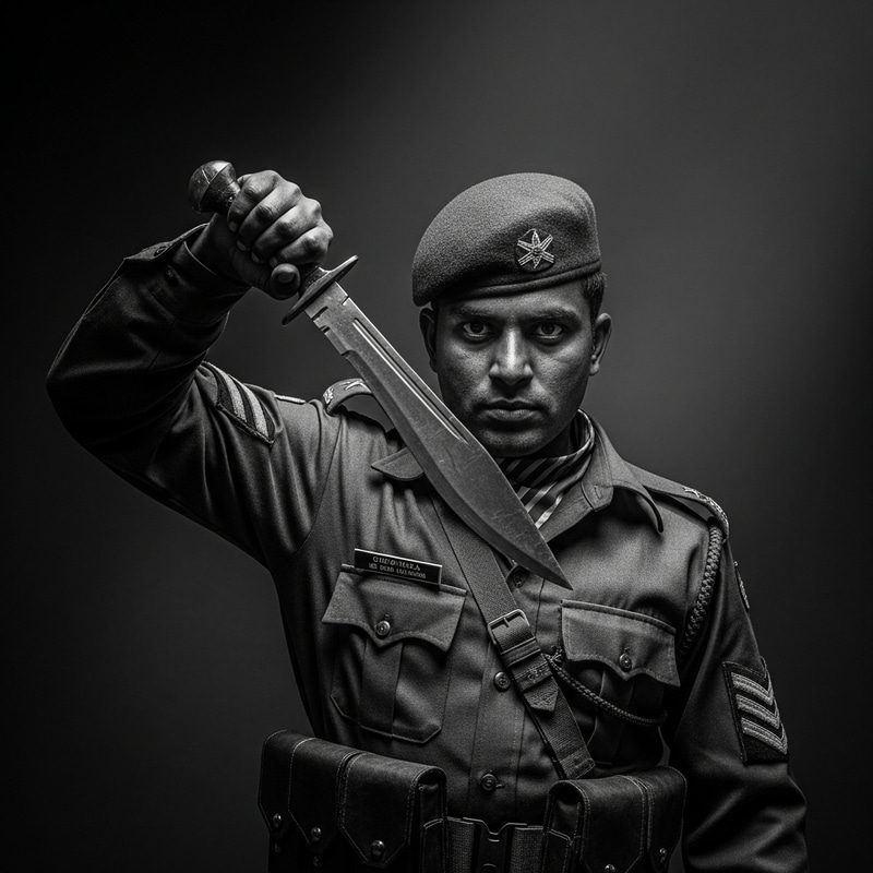 Vintage 4K Photo: Gorkha Soldier with Khukri in Dramatic Battle Scene Vintage 4K Photo: Gorkha Soldier with Khukri in Dramatic Battle Scene