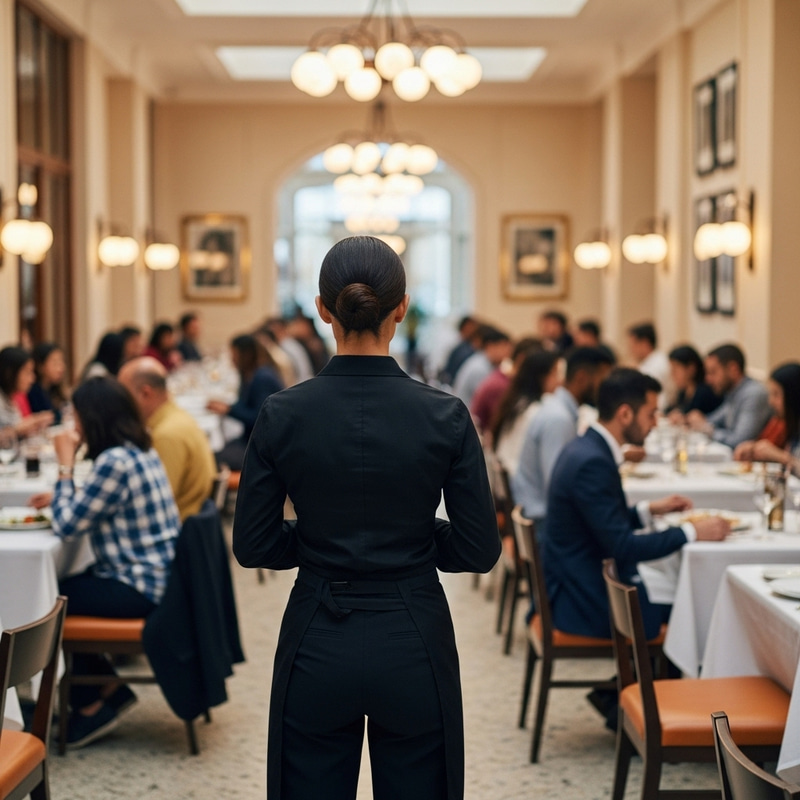 Confident Hispanic Female Restaurant Manager Overseeing Busy Hall