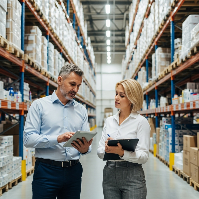 Russian Business Team Discussing Strategy in Product Warehouse