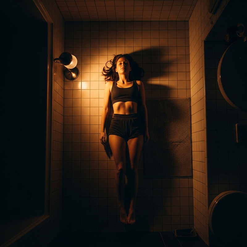 Top View Silhouette of Woman Lying on Bathroom Floor