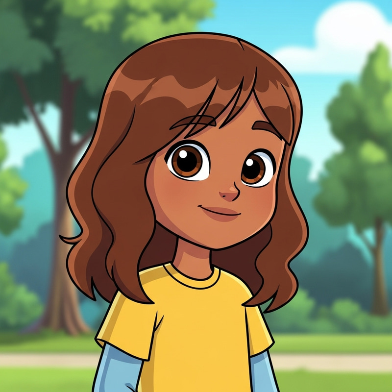 Cartoon Style Young Girl with Brown Complexion, Brown Hair and Eyes