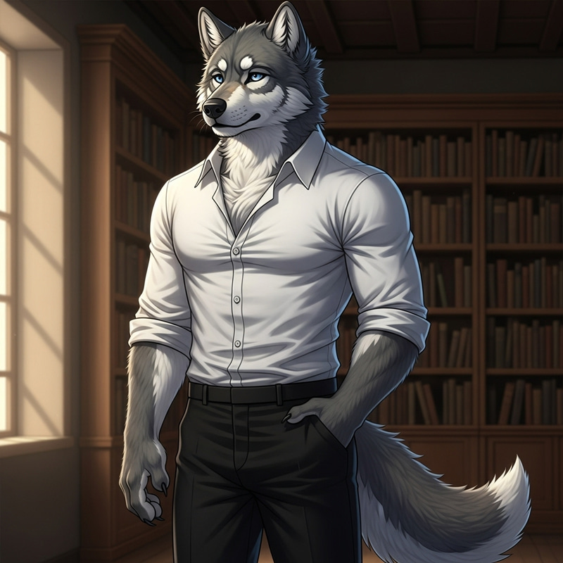 Anthropomorphic Grey Wolf with Wisdom and Strength