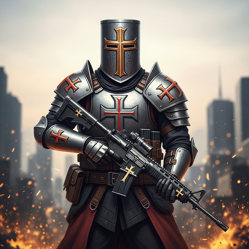 Modern Holy Crusader with Cross-Embellished Gun Modern Holy Crusader with Cross-Embellished Gun