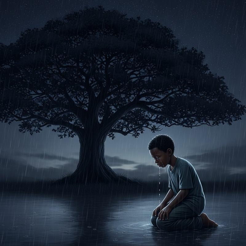 Emotional Image of a Young Black Boy Kneeling in Rain Emotional Image of a Young Black Boy Kneeling in Rain