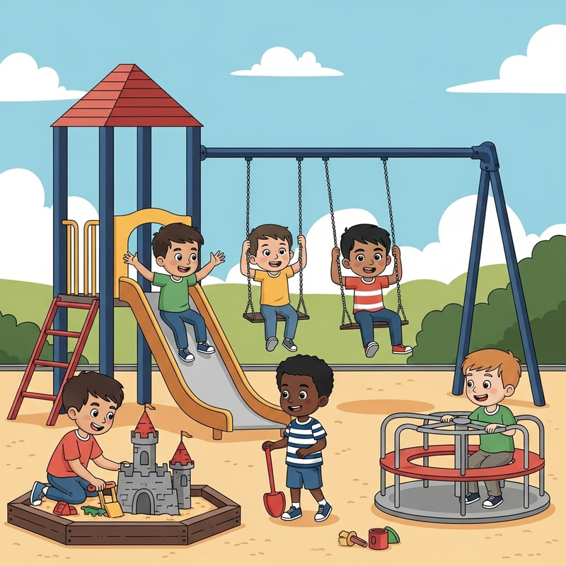 Happy Boys Playing Together on Playground Happy Boys Playing Together on Playground