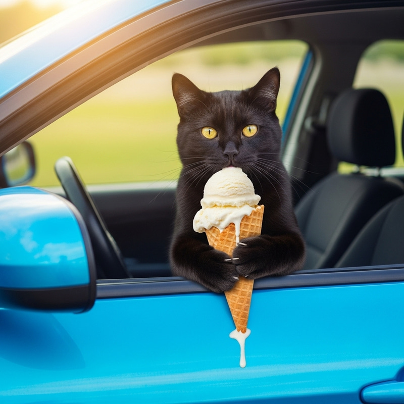 Black Cat Eating Ice Cream in Blue Car