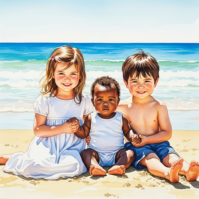Joyful Childhood Beach Scene Watercolor Painting