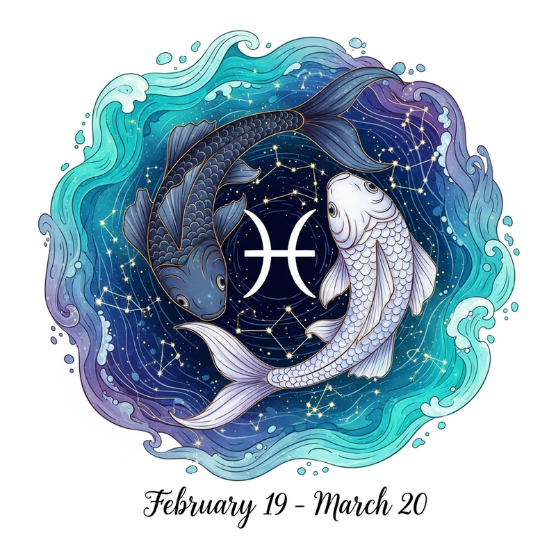 Illustration of Pisces Zodiac Sign and Date Range Illustration of Pisces Zodiac Sign and Date Range