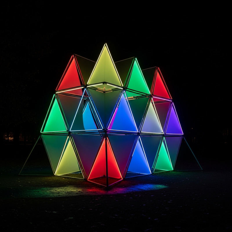 Neon RGB LED Artistic Structure - Dynamic 3D Triangles in Park Neon RGB LED Artistic Structure - Dynamic 3D Triangles in Park