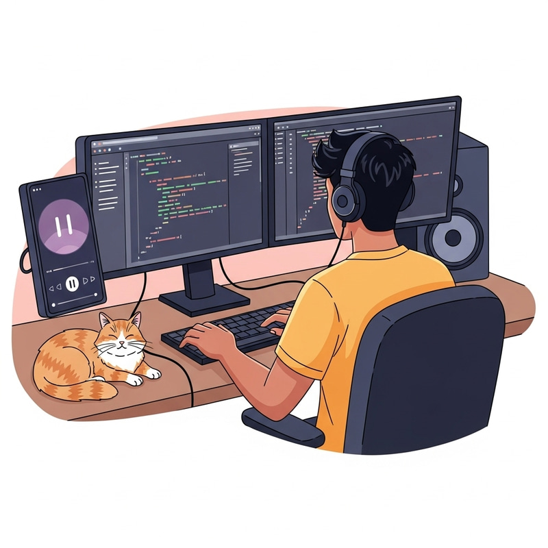 Dedicated Programmer Creating Code with Cat and Lofi Music Setup Dedicated Programmer Creating Code with Cat and Lofi Music Setup