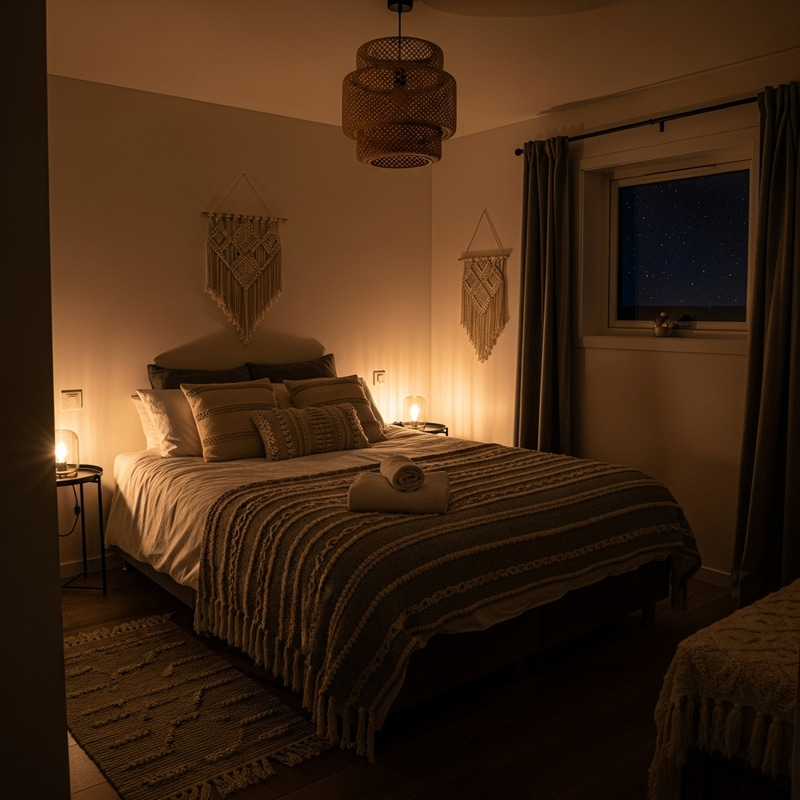 Warm Bohemian Bedroom with Double Bed and Starlit Charm