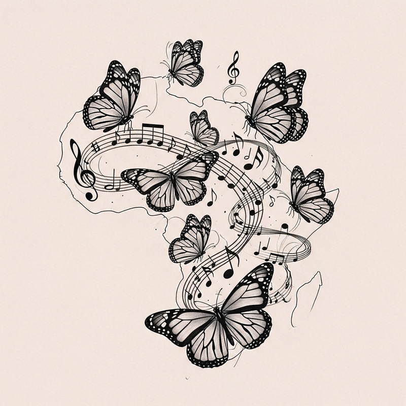 Unique Tattoo Design with Butterflies, Music Notes, and African Influence