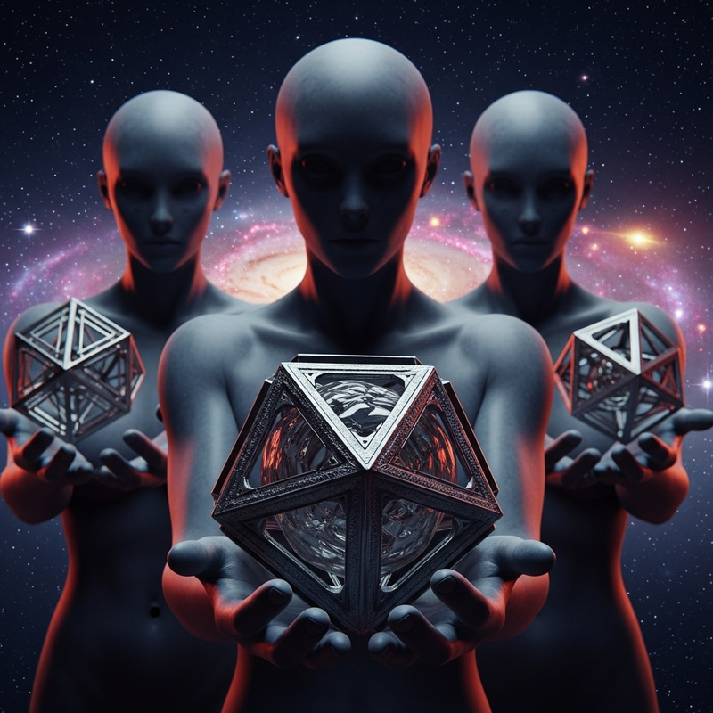DMT Beings Holding Liquid Metal Geometric Shapes: Cosmic Evolution