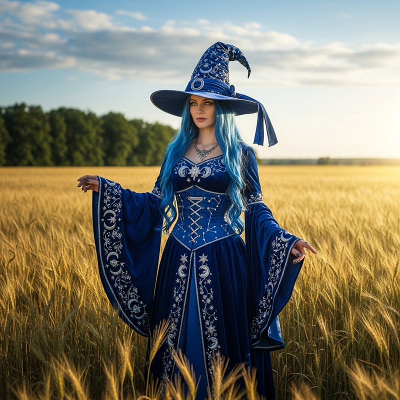 Blue Adult Witch with Long Hair and Eyes | Detailed Blue Outfit Blue Adult Witch with Long Hair and Eyes | Detailed Blue Outfit