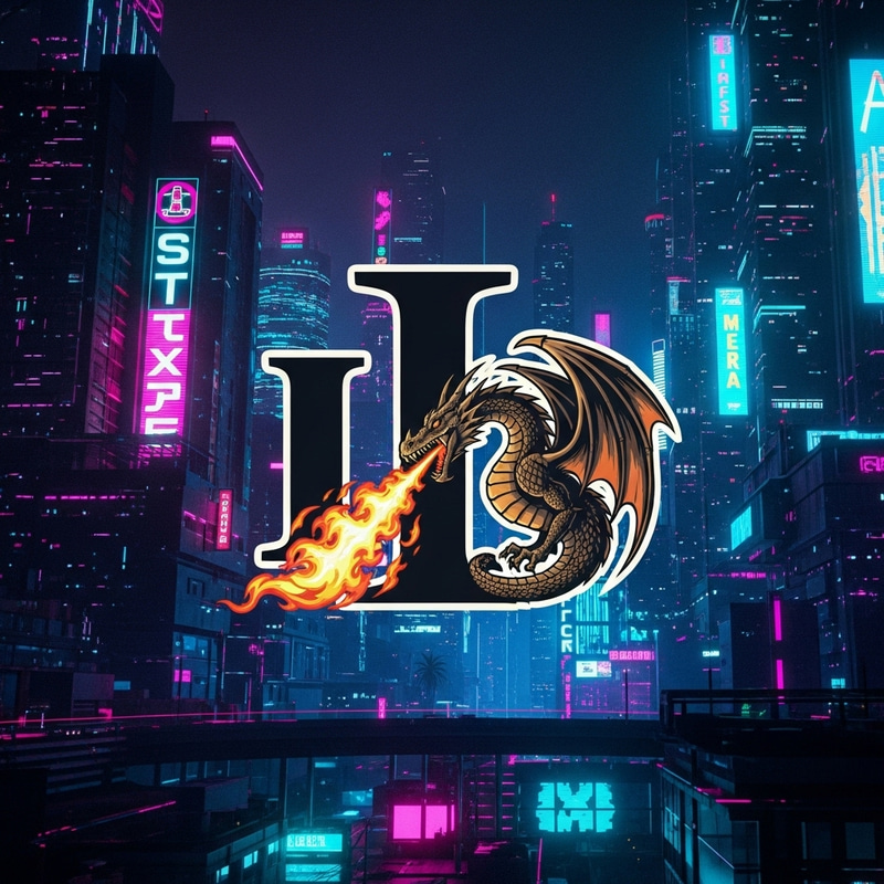 Fiery Dragon Logo in Neon Cyber City - Urban Fantasy Design Fiery Dragon Logo in Neon Cyber City - Urban Fantasy Design
