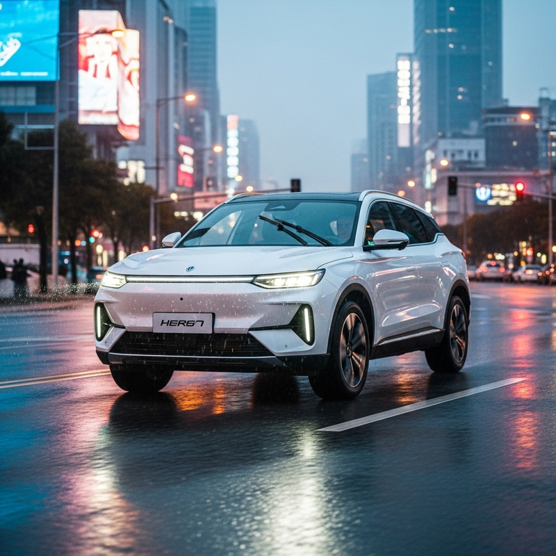 Gleaming White 2025 Hyundai Santa Fe Drive Through Rainy City Night