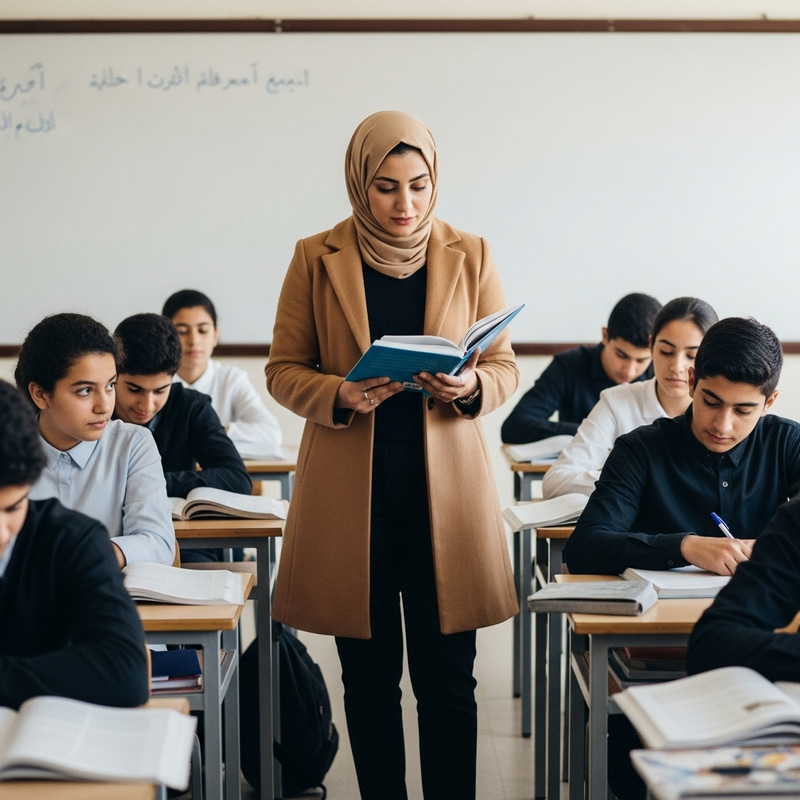 Arabic Descent Female Teacher in Flared Tan Coat & Hijab Arabic Descent Female Teacher in Flared Tan Coat & Hijab