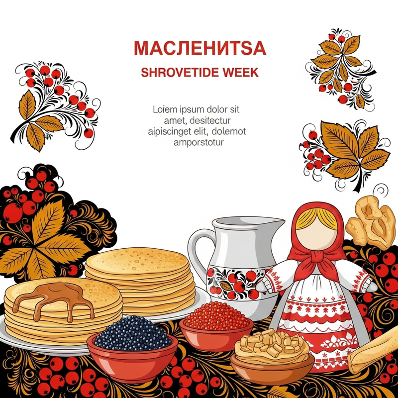 Flat Illustration of Maslenitsa Festival with Pancakes and Khokhloma Art Flat Illustration of Maslenitsa Festival with Pancakes and Khokhloma Art
