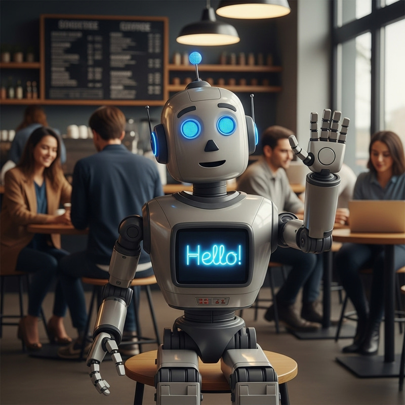 Friendly Animated Robot Saying Hello in Modern Coffee Shop Friendly Animated Robot Saying Hello in Modern Coffee Shop