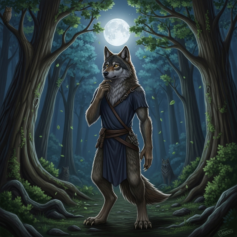 Wolf-Human Hybrid in Moonlit Woods Scene Wolf-Human Hybrid in Moonlit Woods Scene