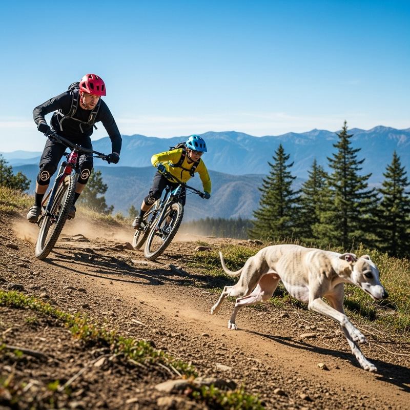 Mountain Bikers and Whippet: Adventure Awaits Mountain Bikers and Whippet: Adventure Awaits