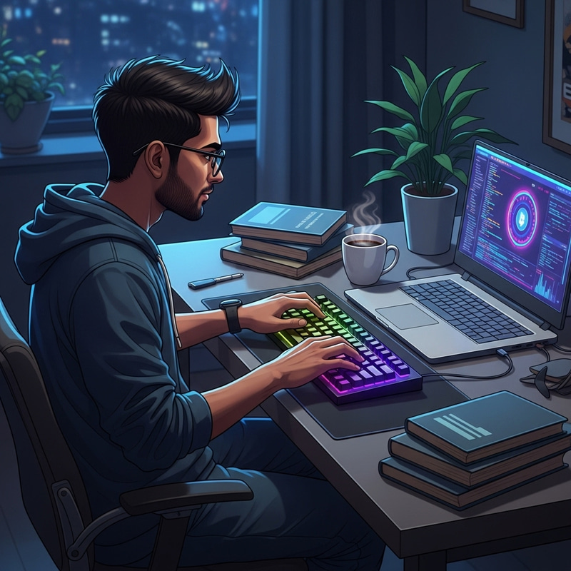 Intense Coding Session: Young Dev at Techno-Modern Desk | Blockchain Focus