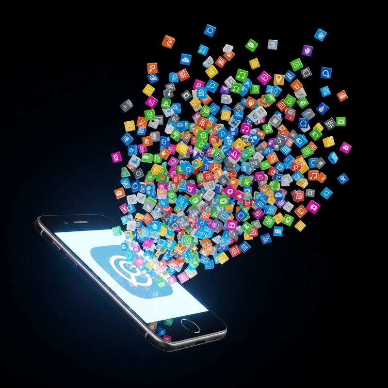 Innovative Square App Icons Bursting from Smartphone Icon