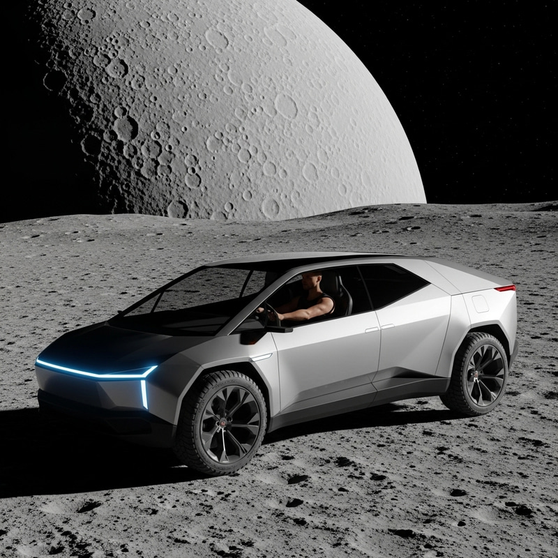 Futuristic Space Exploration: Elon Musk in Tesla Cyba Truck on Moon Futuristic Space Exploration: Elon Musk in Tesla Cyba Truck on Moon